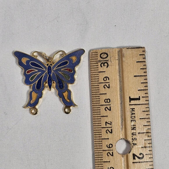 Vintage Gold Tone Purple/Blue Enamel Colorful Butterfly Flower Pendant Charm - Picture 2 of 4
